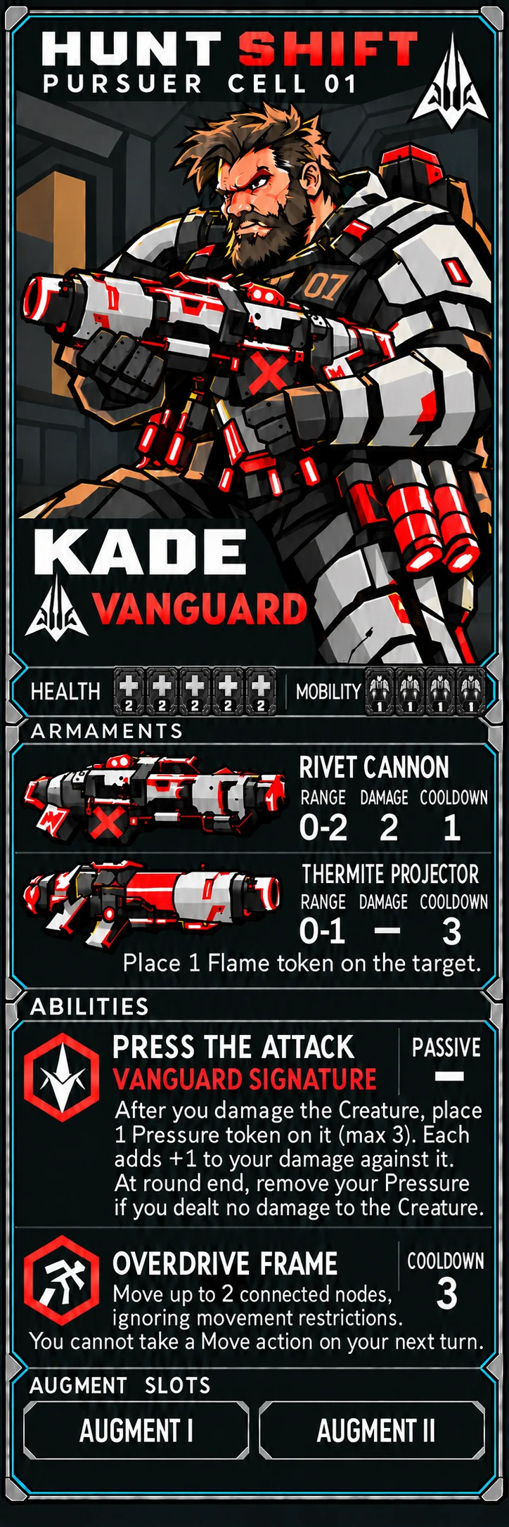 Kade in heavy white armor, carrying his red-accented Rivet Cannon.