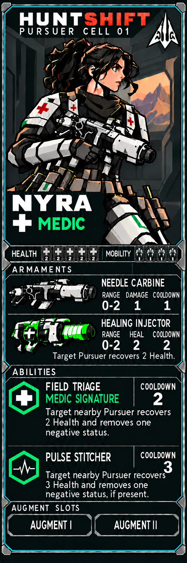 Nyra with red medic crosses on her armor and her neutral-colored Needle Carbine.