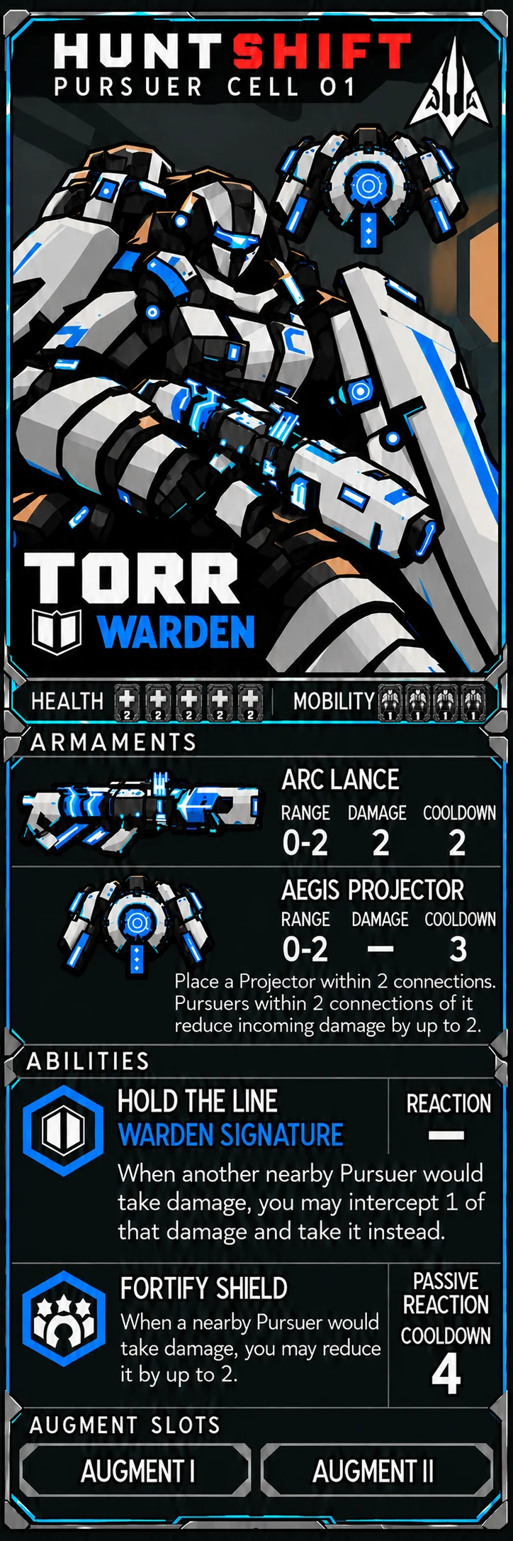 Torr in reinforced armor with a blue-lit Arc Lance and Aegis Projector.